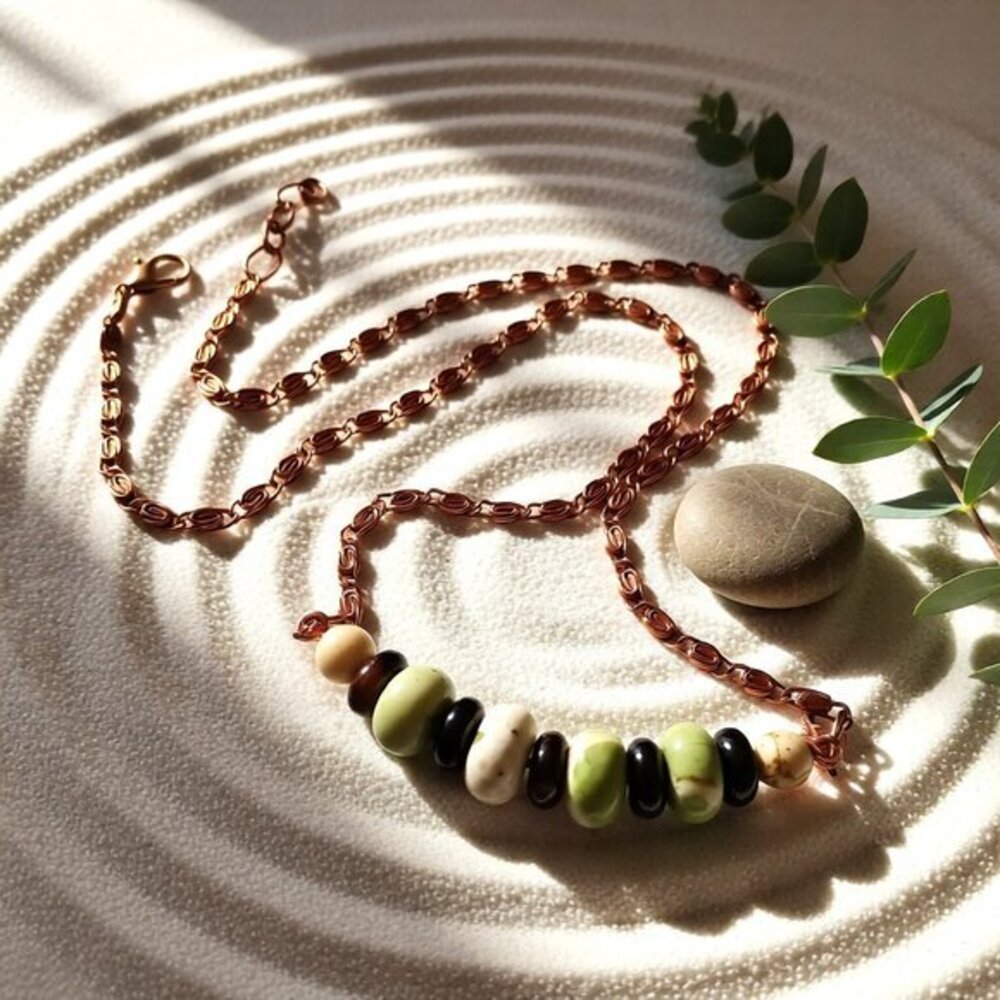 Handmade: Minimalist Green Brown & Cream Stone Bar Necklace - Perfect for Layers